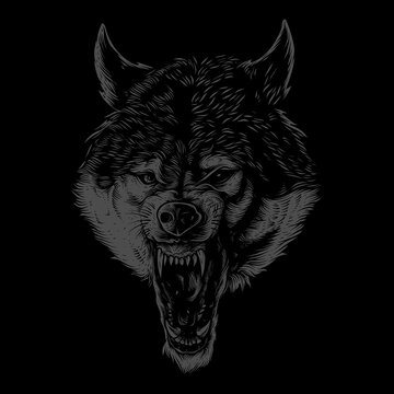 detailed angry wolf head illustration	