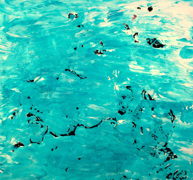 Hand drawn, handmade. Blue, green turquoise with white acrylic vivid summer colorful colors on black convas stretched on wooden frame background. Grungy texture abstract artwork.