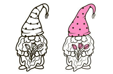 Gnomes with bouquets of tulips. Illustration for cutting, coloring and congratulations.