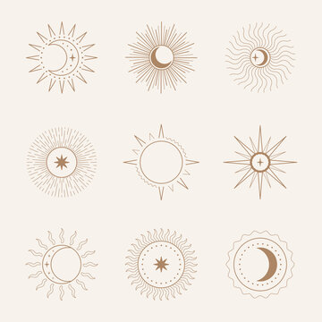 Esoteric symbols with moon and sun. Celestial sings. Vector illustration in boho style