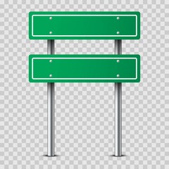 Realistic green traffic sign on metal pole isolated on transparent background. Two blank traffic road empty sign. Mock up template for your design. Vector illustration