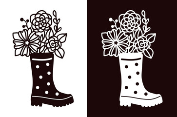 Rubber boot with polka dots with a bouquet of flowers. Stencil for cutting, burning, painting, etc.