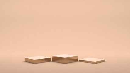 Three square podiums for the winners. 3 metal and white stands on a beige background. Demonstration pedestals. Rectangular background. 3d render.
