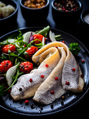 Marinated herrings with roast cherry tomatoes and fresh vegetable leaves on black table

