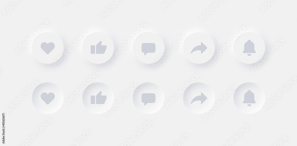 Poster neumorphic ui ux design elements vector buttons like dislike comment share notifications on abstract