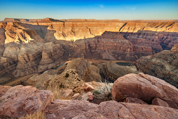 Beautiful landscapes of the Grand Canyon, an amazing view of the red-orange rocks, which are millions of years old. USA, Arizona.