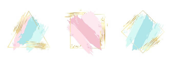 Set of blue, pink and gold brush strokes in frame. Design template for banner, card, cover, flyer and logo. Vector illustration isolated on white background.