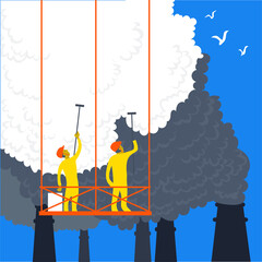 Vector illustration in a flat style. The concept of ecology as a norm of life. People clean up harmful emissions from the pipes of chemical plants.