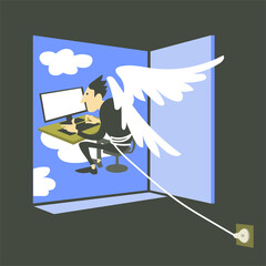 Vector illustration of philosophy. A metaphor for the online social media addict lifestyle. A man with wings behind his back sits at a computer monitor, cannot get into the outside world. The concept 