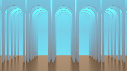 Round blue and gold arches. Gallery of columns and portals. Architectural rectangular background. 3d render. 