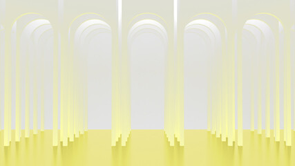 Round arches. Gallery of columns and portals. Architectural rectangular background. 3d render. 