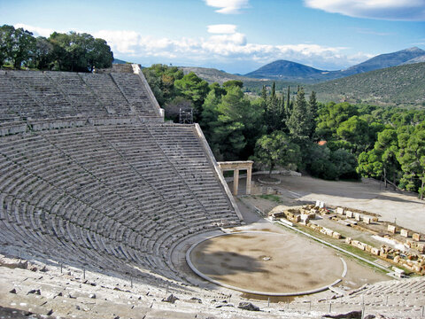 The ancient theater of Epidaurus, the most famous theater of the ancient world where plays of Sofocles, Euripides and Aeschylus were performed, in Argolis region, Peloponnese, Greece, Europe