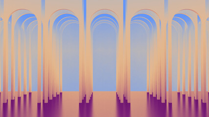 Round arches. Gallery of columns and portals. Architectural rectangular background. 3d render. 