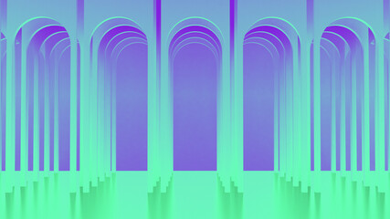 Fototapeta premium Round arches. Gallery of green, lilac, blue columns and portals. Architectural rectangular background. 3d render. 