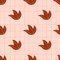 Fototapeta na wymiar Creative minimalistic seamless pattern with dark orange leaf bush shapes. Pink chequered background.