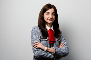 Business woman weared casual clothes. Teacher on white background. Foreign school private study with a school girl.