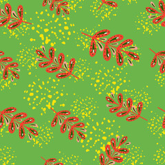 Fototapeta na wymiar Bloom nature seamless pattern with red leaf branches elements. Green background with splashes.