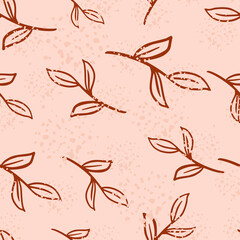 Cute seamless pattern with red colored outline branch print. Pink pastel background with splashes.