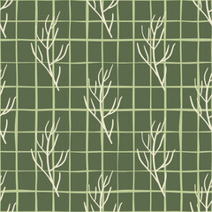 Fall palette seamless pattern with white contoured branches shapes. Green olive background with check.