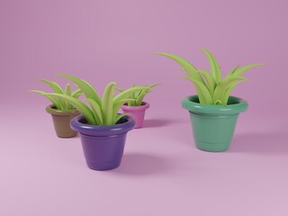 Cartoon plant pot on purple background. 3d rendering illustration.