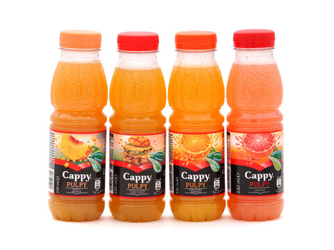 BUCHAREST, ROMANIA - JANUARY 16, 2020. Bottles of Cappy Pulpy fruit juice isolated on white