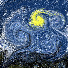 Stylized illustration of a night sky with a moon, colorful spirals in blue, black and yellow. Background in the style of the painting by Van Gogh "Starry Night" Design for posters of exhibitions, art.