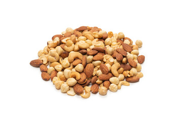 Mix of nuts isolated on white background. Top view.