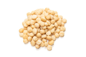 Macadamia nuts isolated on white background.