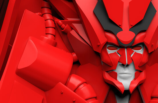 3d render illustration of futuristic alien red colored humanoid robot portrait in suit.