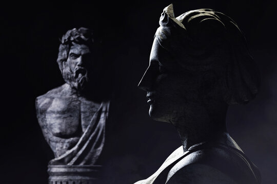 3d render illustration of antique greek female and male gods sculptures on dark background.