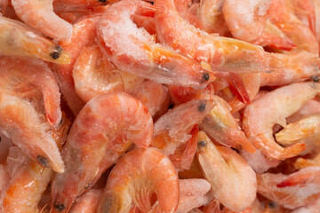 Fresh shrimps in ice. Top view.