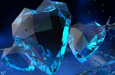 3d render illustration of crystal heart shaped diamond gemstones in water splash.