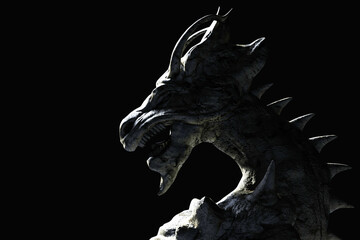 3d render illustration of ancient shaded fantasy dragon statue on dark background.