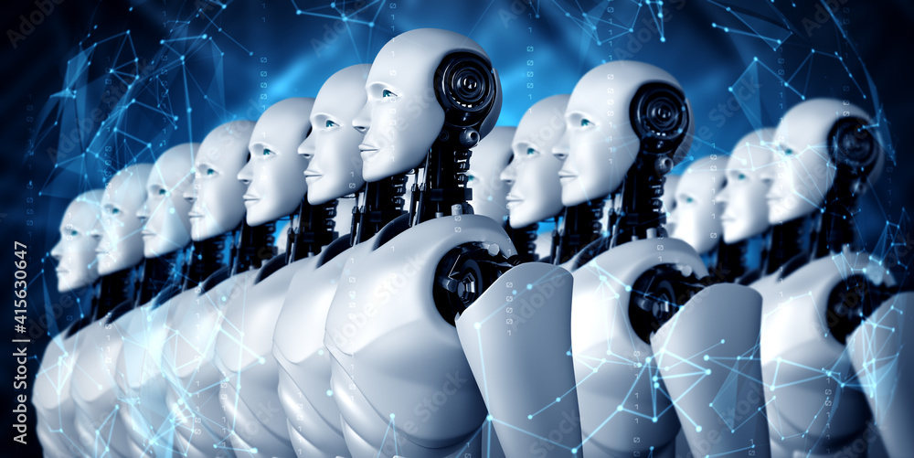 Aufkleber 3d illustration of robot humanoid group in concept of future artificial intelligence and 4th fourth 