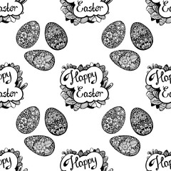 Seamless Easter pattern. Inscription "Happy Easter". Black and white doodles, for wrapping, card, textile. Hand drawn by pen on white background.