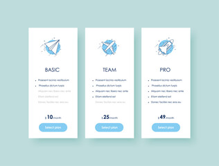 Vector pricing table for three products or services. Interface design