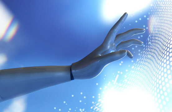 3d rendered illustration of humanoid robot hand touching cyber technological net.