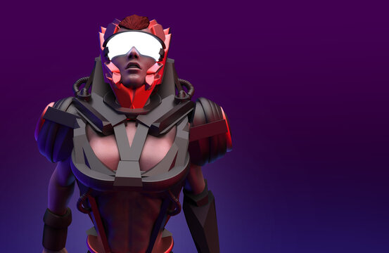 3d render lowpoly illustration of sci-fi warrior woman in futuristic robot armored suit and glasses on red background.