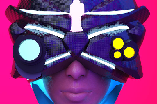 3d render illustration of sci-fi cyberpunk woman face in futuristic robot helmet and glasses on pink and red background.