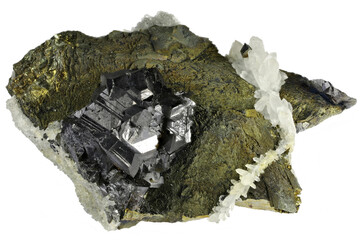 chalcopyrite with sphalerite and quartz from Bulgaria isolated on white background