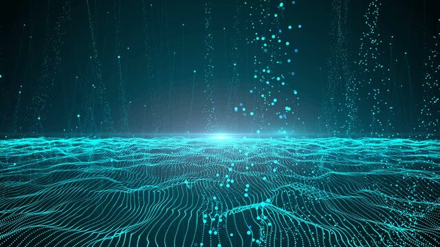 Fyl through spotted round particle dot mountain landscape with circle fly up. Big data, technology background concept in blue color