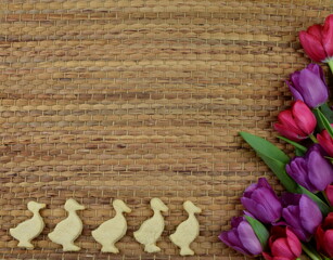 tulips and chickshaped cookies on brown background