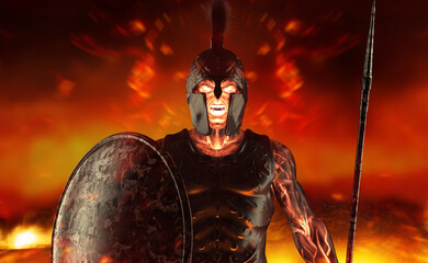 3d render illustration of spartan fire king demigod in armor and helmet, holding spear and shield on battlefield background.