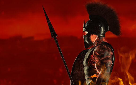 3d render illustration of spartan fire king demigod in armor and helmet, holding spear and shield on red background.