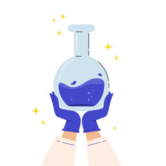 Lab experiment flask. Laboratory glassware or beaker equipment isolated on white background. Vaccine discovery concept. Flask in the hands in a robe and gloves. Flat vector modern illustration. 