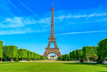 Paris Eiffel Tower and Champ de Mars in Paris, France. Eiffel Tower is one of the most iconic...