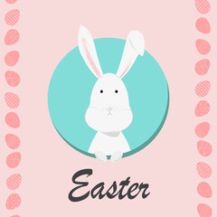 Obraz na płótnie Canvas Vector Easter greeting card. White rabbit on a pink background with eggs. Greeting card design.