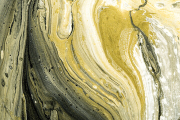 Acrylic Fluid Art. Abstract stone background or texture. Liquid black, white and gold marble textures
