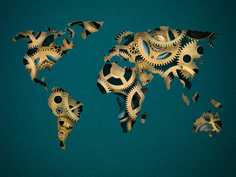 Abstract world map made from cutout  blue paper  cogs and gears on the background - Powered by Adobe