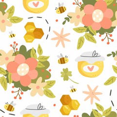 Honey seamless pattern with different objects in a cute cartoon style. Vector illustration. Pattern with bees, honey, honeycomb, jar of honey, flowers on white background.